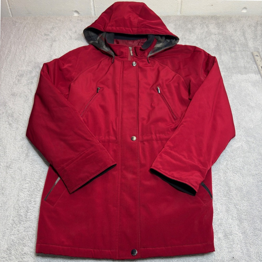 Nautica Parka Jacket Womens Large Red Hooded Quilted Insulated Anorak Coat Plaid